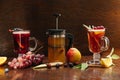 Various autumn or winter seasonal alcohol hot cocktails. Royalty Free Stock Photo