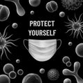 Various bacteria types with mask monochrome background. Vector illustration. Virus concept