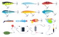 Various baits for fishing. Lures of various sizes and types for fishing. Tools for catching fish. Vector illustration Royalty Free Stock Photo