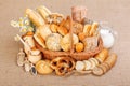 Various baked products in wicker basket