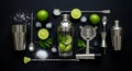 Barware Still Life with Green Limes and Mint on Black Background Royalty Free Stock Photo