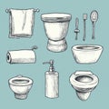 Various bathroom items sketched on a light blue background Royalty Free Stock Photo
