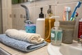 Various bathroom props in background Royalty Free Stock Photo