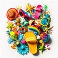 Various beach items, accessories and toys scattered on a white background. Summer vacation concept