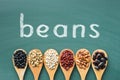 Various beans on green chalkboard