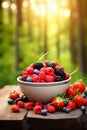 Various berries in a bowl against the backdrop of the garden. Selective focus. Royalty Free Stock Photo