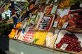 Various berries and fruits at local market. Royalty Free Stock Photo