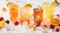 Various beverages served in crushed ice create a refreshing and colorful display. Ai Generated Royalty Free Stock Photo