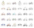 Various bicycles cartoon,mono icons in set collection for design. The type of transport vector symbol stock web