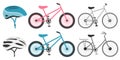 Various bicycles and helmets icons in set collection for design. The type of transport vector symbol stock vector