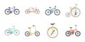 Various bicycles icons in set collection for design.