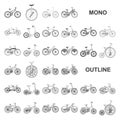 Various bicycles monochrom icons in set collection for design. The type of transport vector symbol stock web