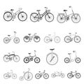 Various bicycles monochrome icons in set collection for design. The type of transport vector symbol stock web