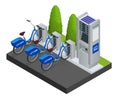 Various bicycles on a rack, available for rent. Isometric Citi Bikes. Royalty Free Stock Photo