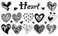 Various black heart patterns designed in doodle style Royalty Free Stock Photo