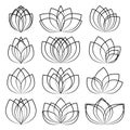 Various black linear lotus logo templates. Floral sketch collection. Design flower outline symbol. Jpeg illustaration Royalty Free Stock Photo