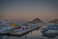 Various boats and yachts moored at the marina in Los Cabos, Baja California