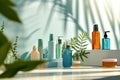 various body skincare products arranged artistically, bright and clean background, colors and design of the bottles, a