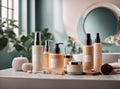 various bottles with body care products on the background of a light bathroom Royalty Free Stock Photo