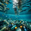 Various bottles underwater - ai generated image Royalty Free Stock Photo