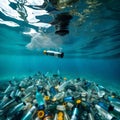 Various bottles underwater - ai generated image Royalty Free Stock Photo