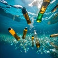 Various bottles underwater - ai generated image Royalty Free Stock Photo