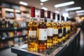 Various bottles of wine on a shelf in grocery store. Alcohol sold in winery store department in supermarket