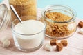 Various bowls with sorts of sugar on table Royalty Free Stock Photo