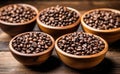 various bowls scattered on a wooden table full of roasted coffee seeds