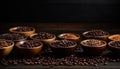 various bowls scattered on a wooden table full of roasted coffee seeds