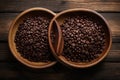 various bowls scattered on a wooden table full of roasted coffee seeds