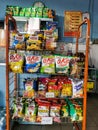 Various brand of junkfood on the shelf.