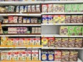 Various brands of Breakfast Cereals on market shelves.