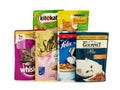 Various brands of wet cat food that can be purchased on the European market Royalty Free Stock Photo