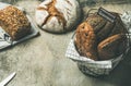 Various bread loaves on grey concrete background, copy space Royalty Free Stock Photo
