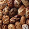 Various bread types displayed on a table, along with baked goods, nuts seeds