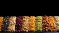 Various breakfast cereals, whole grain cereals, diet healthy food, black background isolate. AI generated. Royalty Free Stock Photo