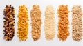 Various breakfast cereals, whole grain cereals, diet healthy food, White background isolate. AI generated. Royalty Free Stock Photo