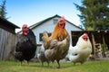 various breeds of chickens roaming in backyard