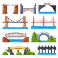 Various Bridges Collection, Urban Architecture Design Elements, Bridge Construction Flat Vector Illustration