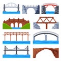 Various Bridges Collection, Urban Architecture Design Elements, Iron, Wooden and Stone Bridges Flat Vector Illustration