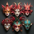 Various bright carnival masks. Concept of acting and entertaiment. Ai art.
