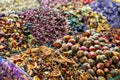 Various bright colored powder spices and fruit herbal tea and dried vegetables on market in Istanbul, Turkey Royalty Free Stock Photo