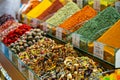 Various bright colored powder spices and fruit herbal tea and dried vegetables on market in Istanbul, Turkey Royalty Free Stock Photo