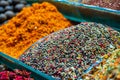 Various powder spices and fruit herbal tea on market in Istanbul, Turkey Royalty Free Stock Photo