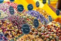 Various bright colored powder spices and fruit herbal tea and dryied vegetables on market in Istanbul, Turkey Royalty Free Stock Photo