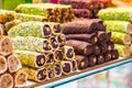 Various bright colored turkish delights sweets baklava lokum and dried fruits vegetables on market in Istanbul, Turkey Royalty Free Stock Photo