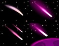 Various, bright comets of violet color, meteorites flying on the background of the earth, starry sky. Set. Isolated on