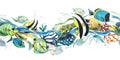 Various, bright fish with algae, corals, sea sponges. Watercolor illustration. Seamless border from the collection of Royalty Free Stock Photo