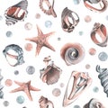 Various broken seashells and starfish, bubbles. Watercolor illustration hand drawn. Seamless pattern for fabric textiles Royalty Free Stock Photo